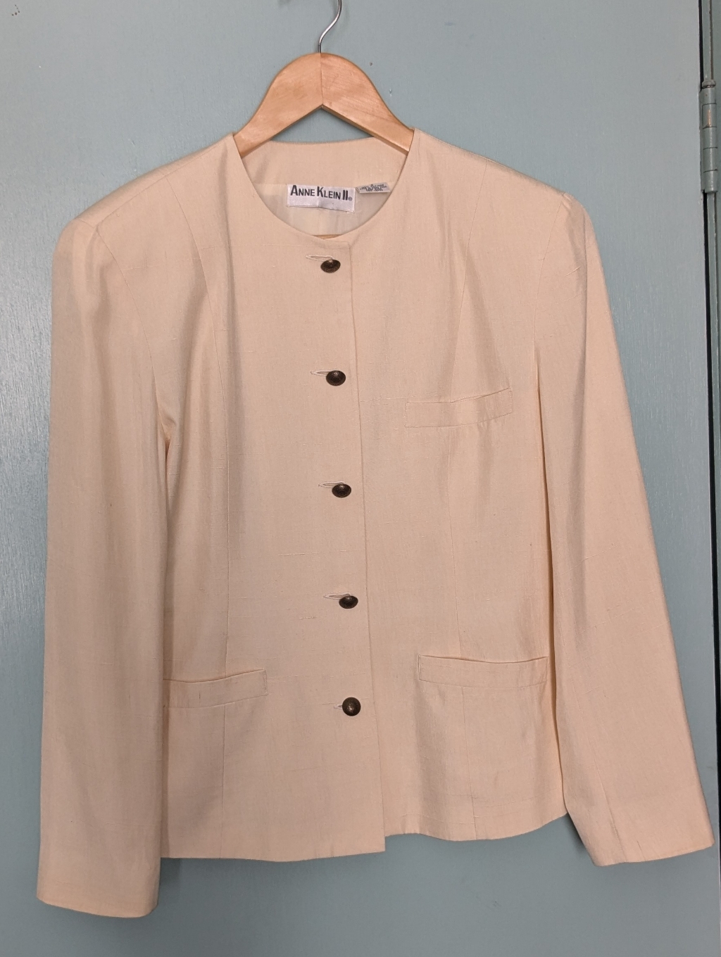 Anne Klein Ii Cream 100% Silk Collarless Blazer Jacket Size 8 Vintage